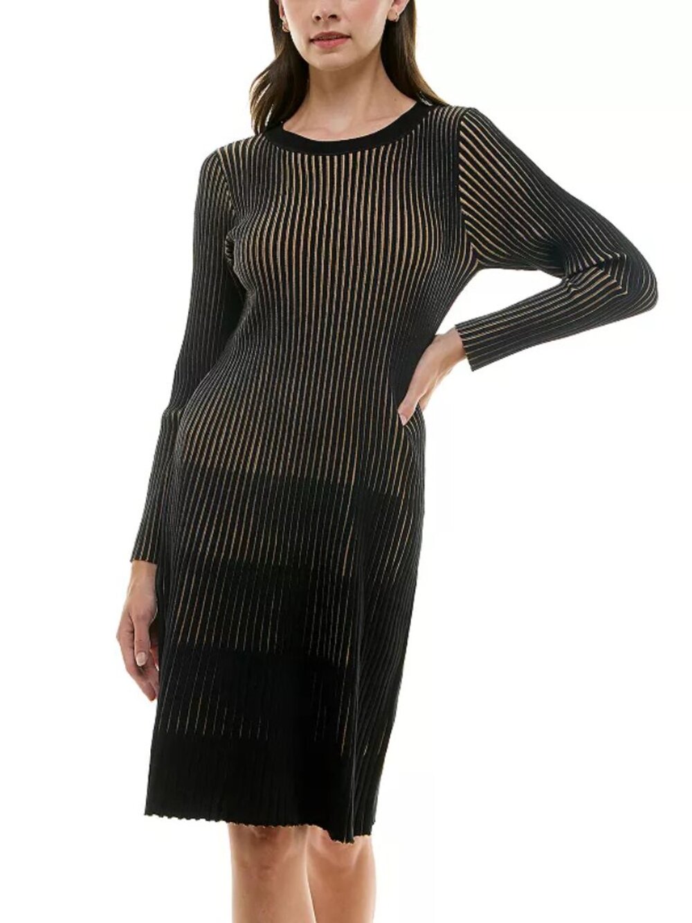 NWT Nanette Lepore Black/Camel Pleated Stretch Fit&Flare Midi Dress M MSRP $148